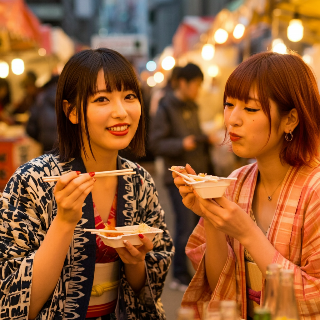 お祭を楽しんでる日本人女性